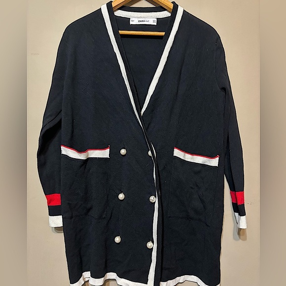 ZARA KNIT Preppy Collegiate Pearl-Button Double Breasted Long Cardigan - Picture 1 of 6